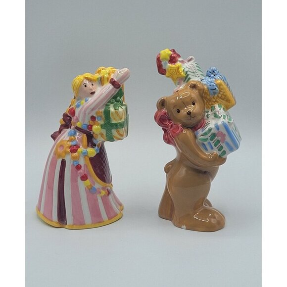Nikko Ceramics Other - Vintage Nikko Christmas Girl & Bear Presents Salt & Pepper Shaker Set CHIPS